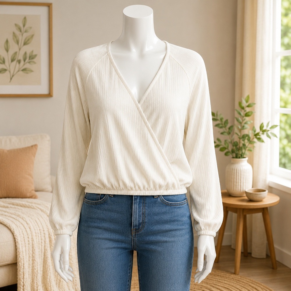 NWT Cupshe‎ Surplice Blouse Womens XL Cream Pleated Long Sleeve Wrap Top